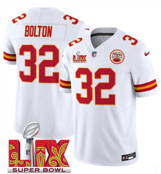 Men & Women & Youth Kansas City Chiefs #32 Nick Bolton White 2025 Super Bowl LIX Patch F.U.S.E. Vapor Limited Stitched Jersey